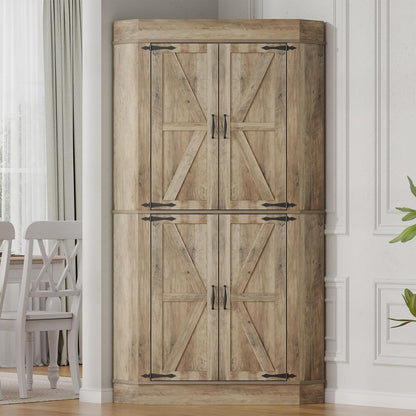 Corner Cabinet,Kitchen Pantry Storage Cabinet,Freestanding Buffet Hutch with 4 Doors and Shelves,Tall Food Pantry Farmhouse Furniture with Side Rack for Kitchen Dining Room(Retro)