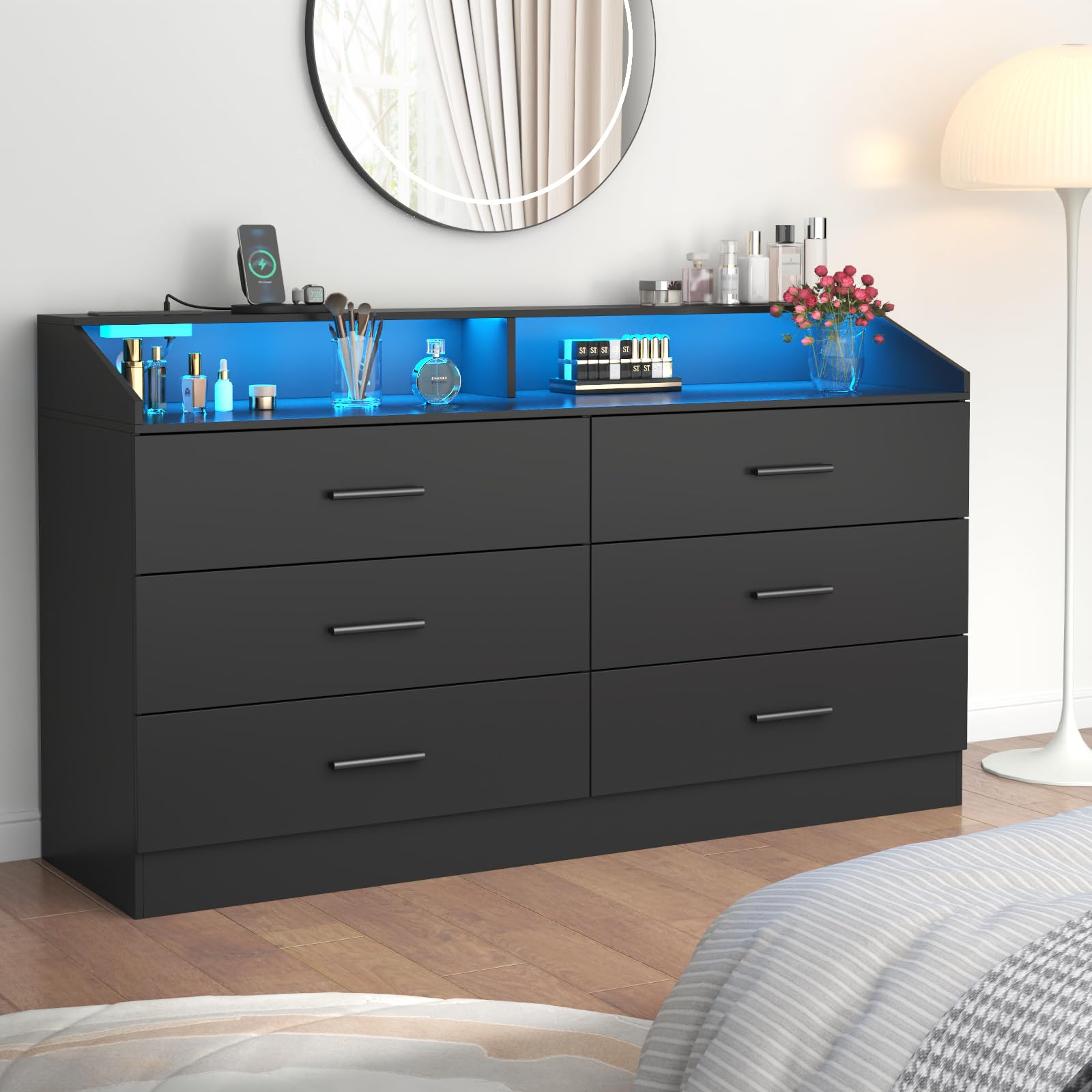 6 Drawer Dresser for Bedroom with Charging Station, Dresser with LED Light, Chest of Drawers for Closet, Modern Dressers with Open Storage Cubby, Double Wide Dressers (White, 6 Drawers)