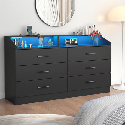 6 Drawer Dresser for Bedroom with Charging Station, Dresser with LED Light, Chest of Drawers for Closet, Modern Dressers with Open Storage Cubby, Double Wide Dressers (White, 6 Drawers)