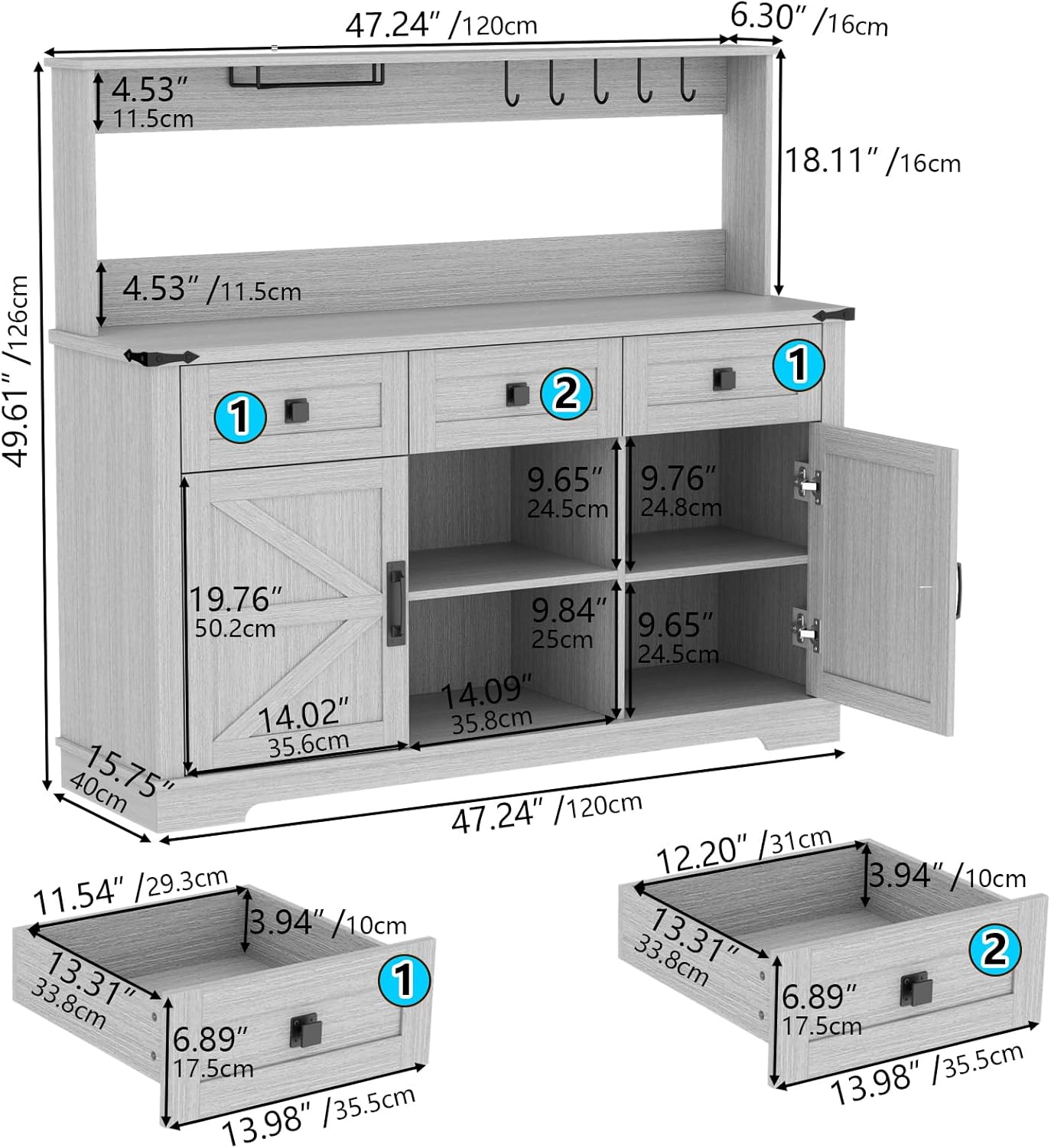 Farmhouse Bar Cabinet with Hutch, Kitchen Buffet Cabinet with Storage Cabinet & 3 Sliding Drawers, Adjustable Shelf, Goblet Holder, Cup Hooks for Living Room, Dining Room Use (Grey)