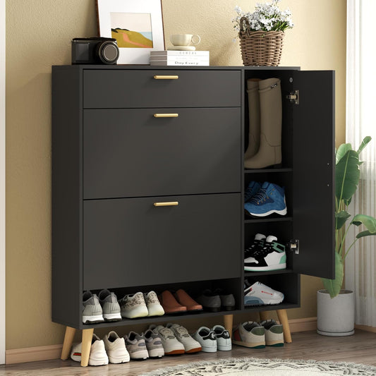 Shoe Storage Cabinets, 16 Pairs Free Standing Shoe Organizer with 2 Flip Drawers for Entryway, Narrow 3 Tier Entryway Hidden Shoe Rack with Doors (Upgraded Black)