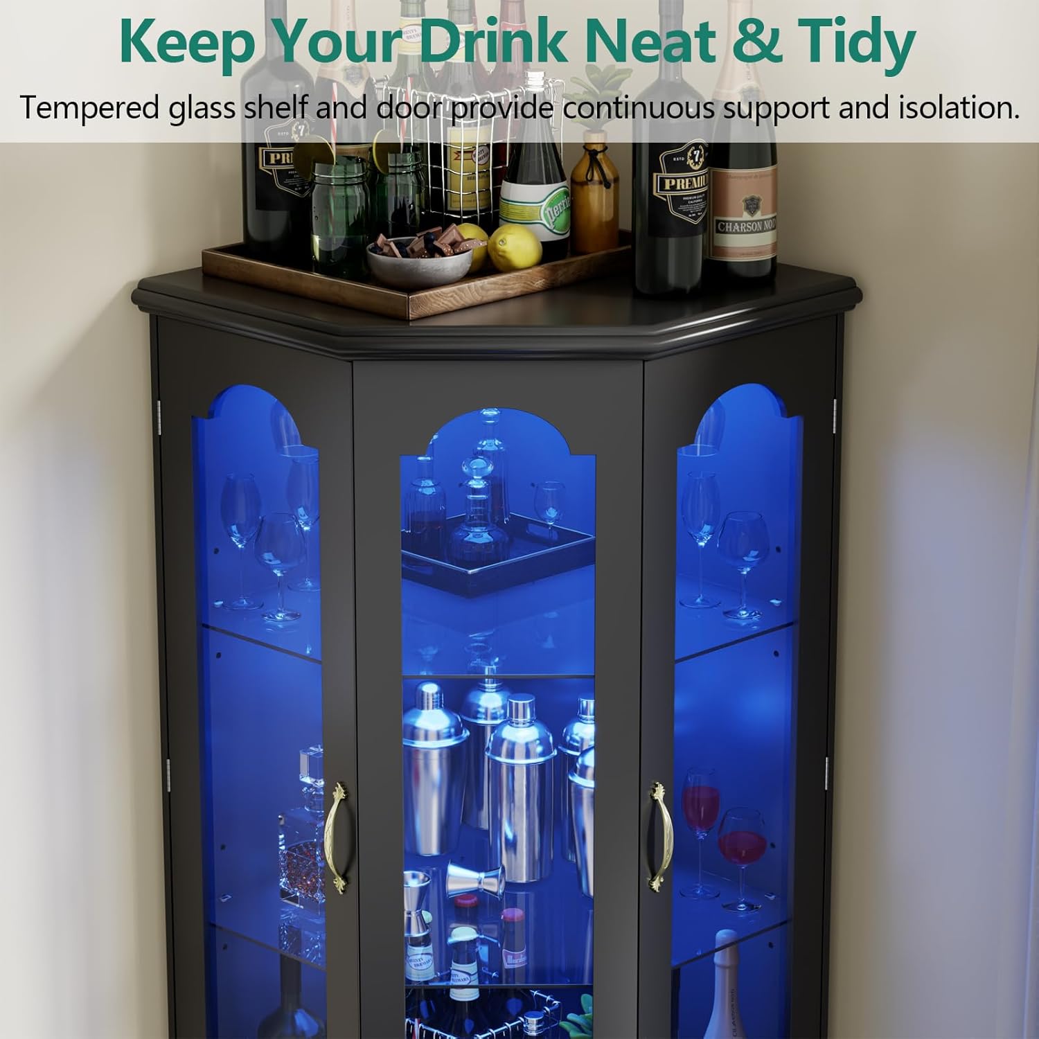 Corner Bar Cabinet w/LED Lights, Tall Modern Wine Cabinet with Tempered Glass Door & Adjustable Shelves, Home Bar Liquor Storage Cabinet with Glass Rack for Living Room, Dining Room (Black)