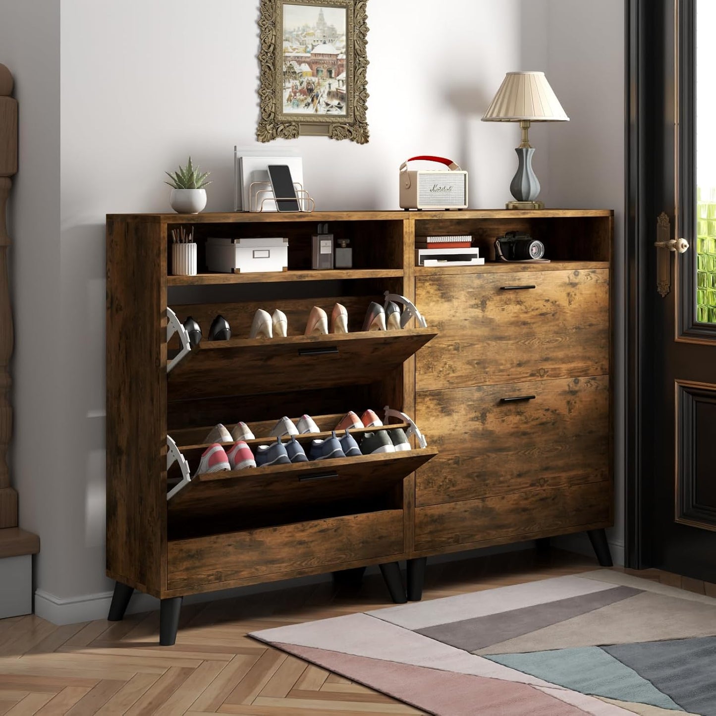 Entryway Shoe Storage Cabinet with 2 Flip Drawers, FreestandingShoe Organizer with Open Storage Space for Entryway, Narrow Shoe Rack Cabinet wih Rustic Brown Finsh (Rustic)