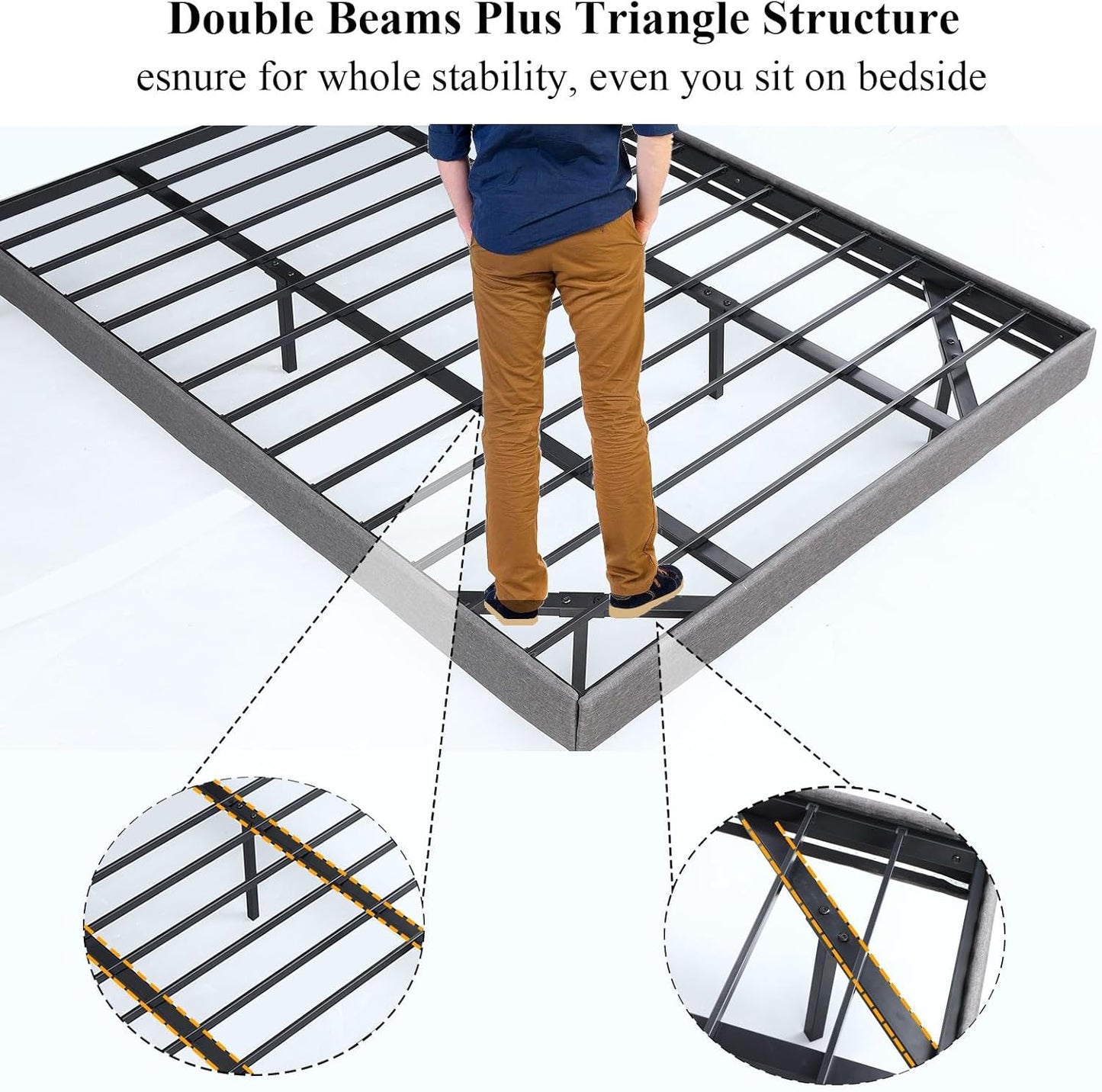 King Floating Bed Frame with LED Light, Modern Upholstered Platform Bed Frame with Double Beams, No Box Spring Needed, Innovative Stable Structure, Easy Assemble (Grey, King (U.S. Standard))