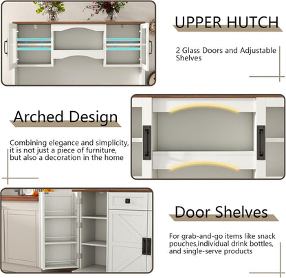 60" Tall Farmhouse Kitchen Pantry Storage Cabinet,Kitchen Hutch with Microwave Stand,Freestanding Buffet Pantry Cabinet with Glass Door and Adjustable Shelves for Dining Room (White)