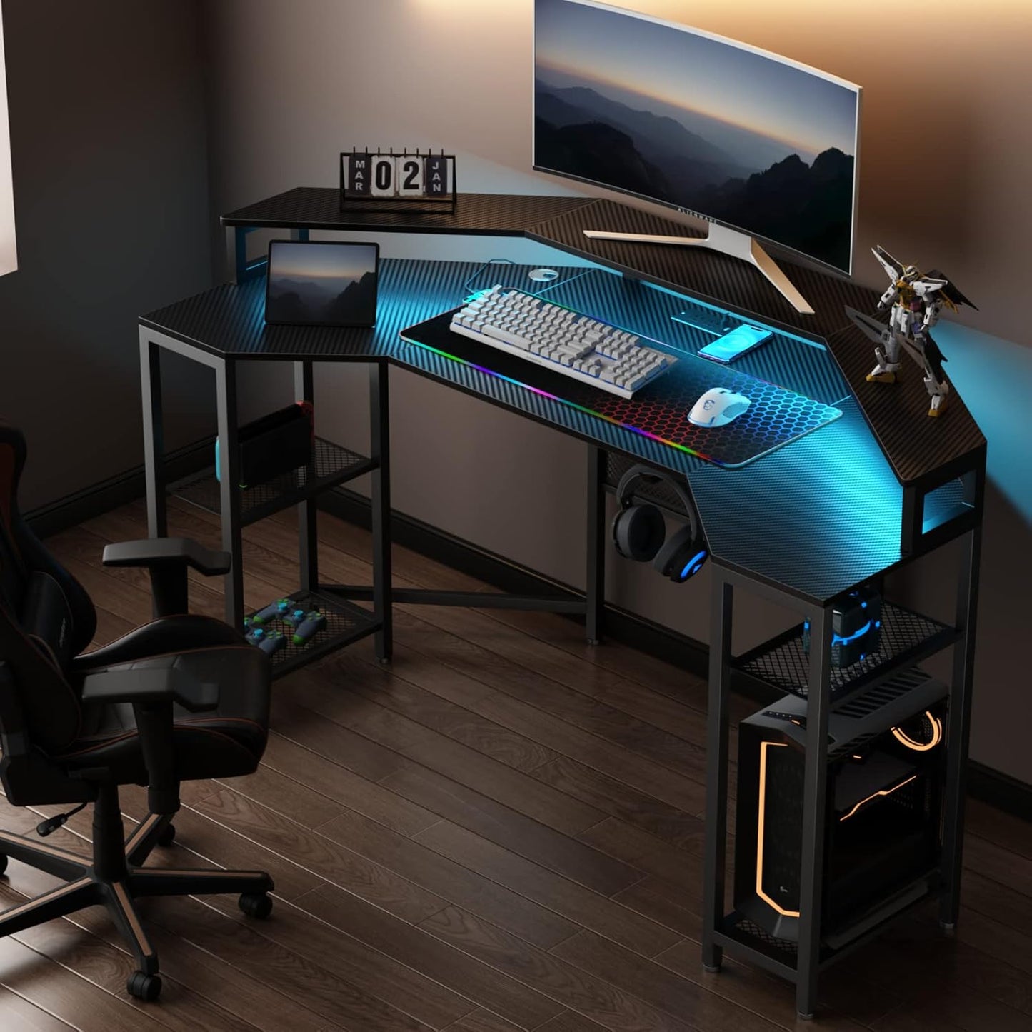 63" Computer Desk with Power Outlet & LED Light, Wing-Shaped Gaming Desk with Shelves, Full Monitor Stand,Wireless Charging,RGB Mouse Pad,Headphone Hook, Home Office Desk (Black)