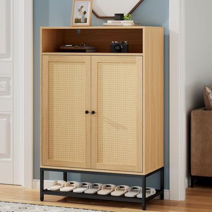 Rattan Shoe Organizer with Doors, Shoe Storage Cabinet with Adjustable Shelves for Entryway, 7-Tier Entryway Shoe Rack Storage for Hallway, Closet, Living Room