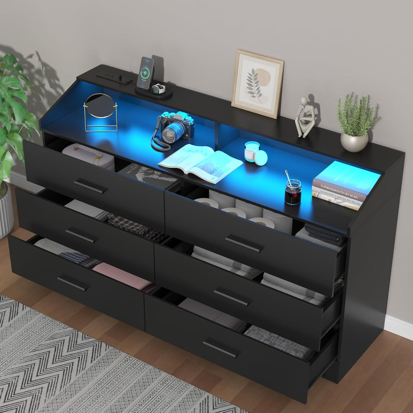 6 Drawer Dresser with Charging Station, Dresser for Bedroom with LED Light, Chest of Drawers for Closet, Modern Dressers with Open Storage Cubby, Double Wide Dressers for Living Room (Black)