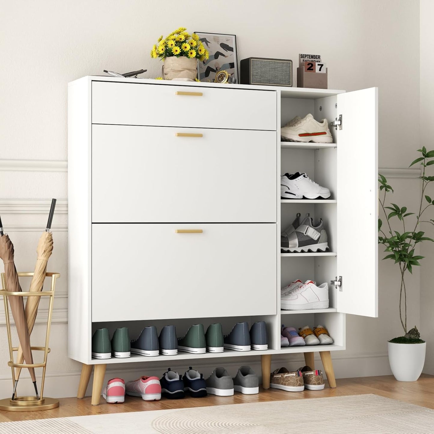 Shoe Cabinet with 3 Flip Drawers & Side Cabinet and Adjustable Shelves, Narrow Entryway Hidden Shoe Rack with Doors, Hallway Organizer (White)