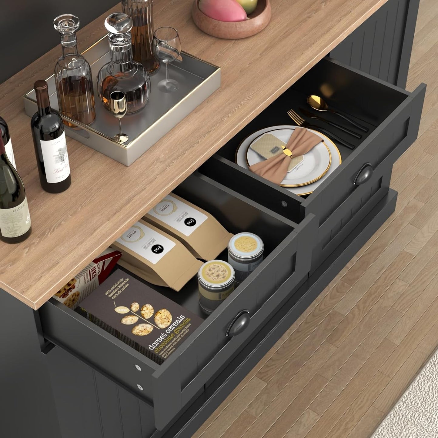 Sideboard Buffet Cabinet with 2 Drawers, Farmhouse Kitchen Pantry with Adjustable Shelves, Coffee Bar Cupboard Cabinet with 3 Doors for Kitchen, Dining Room (Black)
