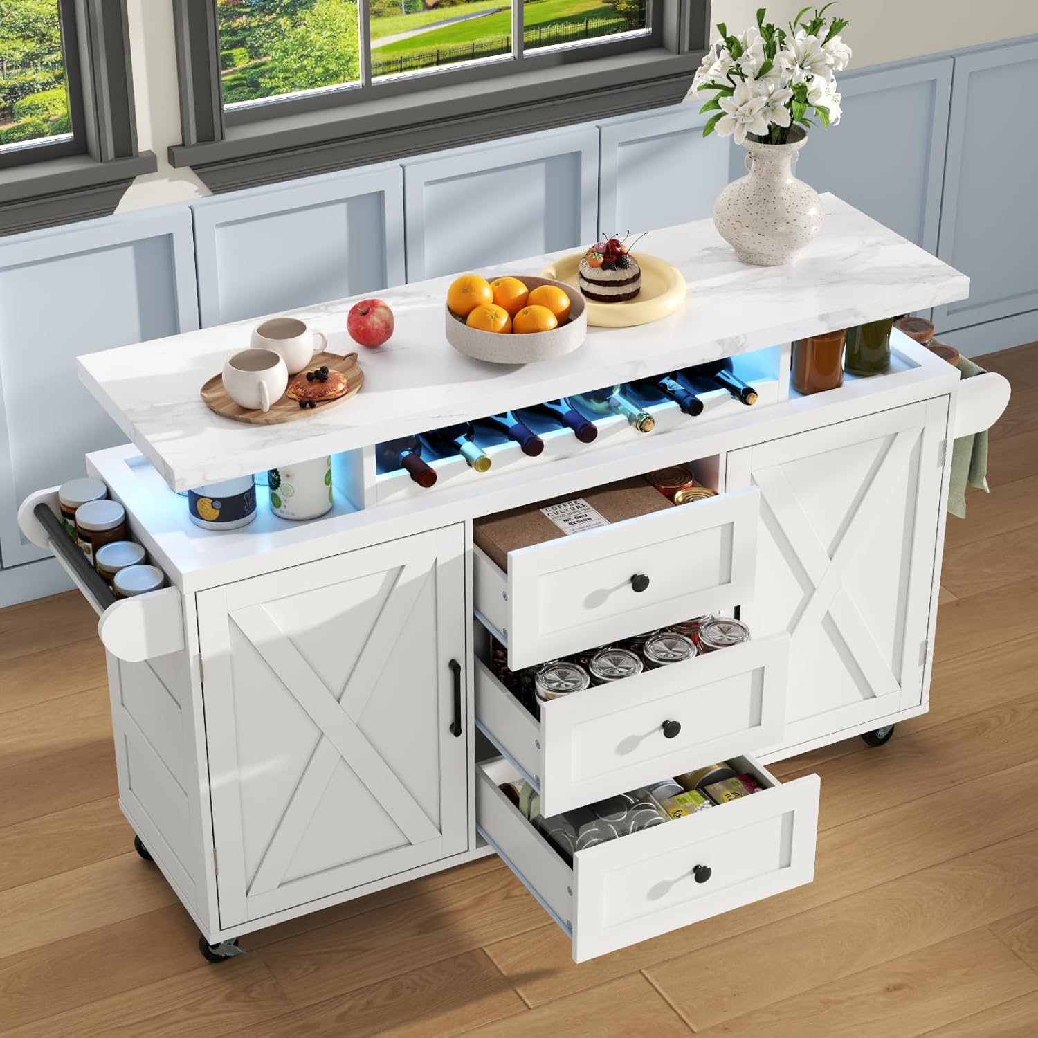 Rolling Kitchen Island Cart with Storage, Kitchen Island on Wheels with LED Lights & 3 Drawers, Side Table with Spice Rack & Towel Rack, Large Mobile Islands Table for Dining Room, White