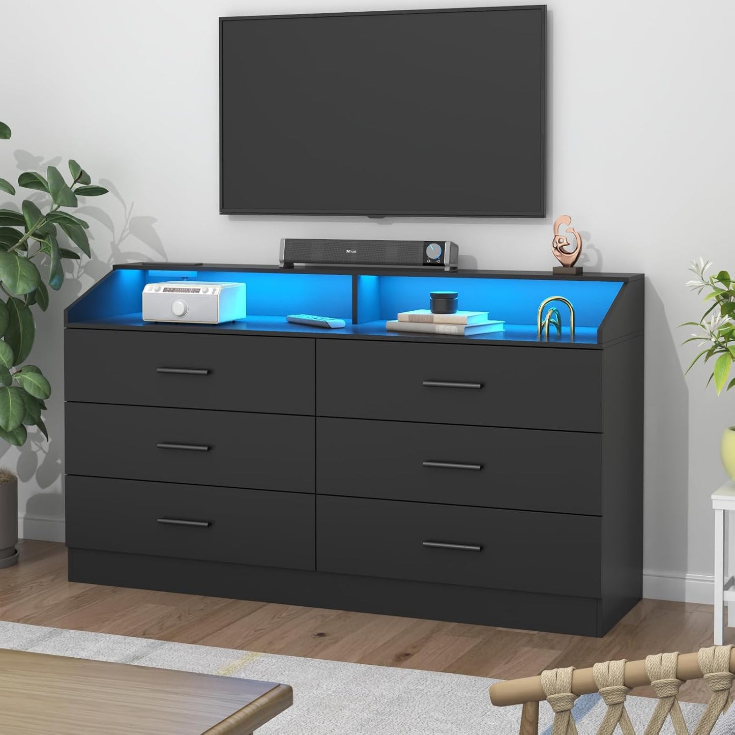 6 Drawer Dresser with Charging Station, Dresser for Bedroom with LED Light, Chest of Drawers for Closet, Modern Dressers with Open Storage Cubby, Double Wide Dressers for Living Room (Black)