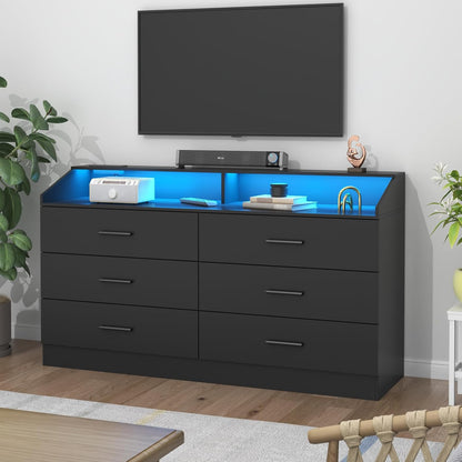 6 Drawer Dresser with Charging Station, Dresser for Bedroom with LED Light, Chest of Drawers for Closet, Modern Dressers with Open Storage Cubby, Double Wide Dressers for Living Room (Black)