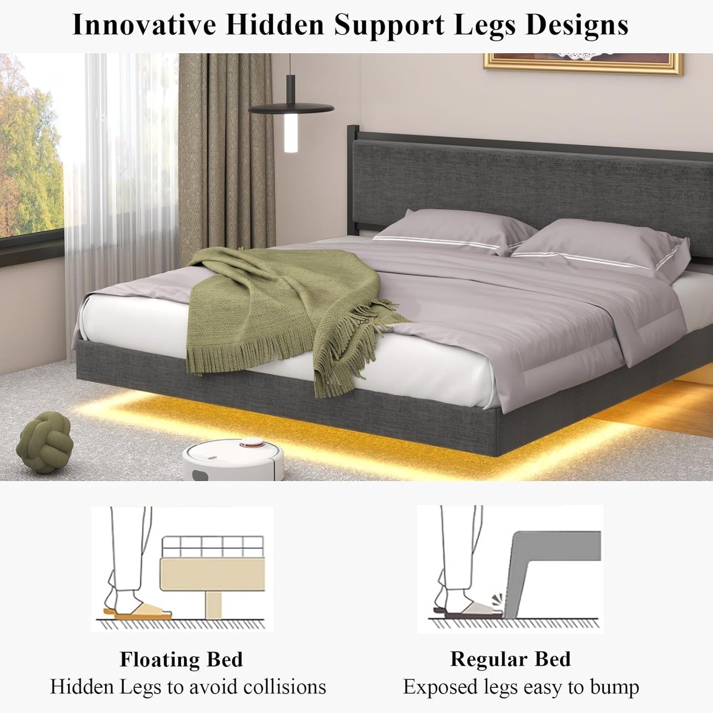 King Floating Bed Frame with LED Light, Modern Upholstered Platform Bed Frame with Double Beams, No Box Spring Needed, Innovative Stable Structure, Easy Assemble (Grey, King (U.S. Standard))