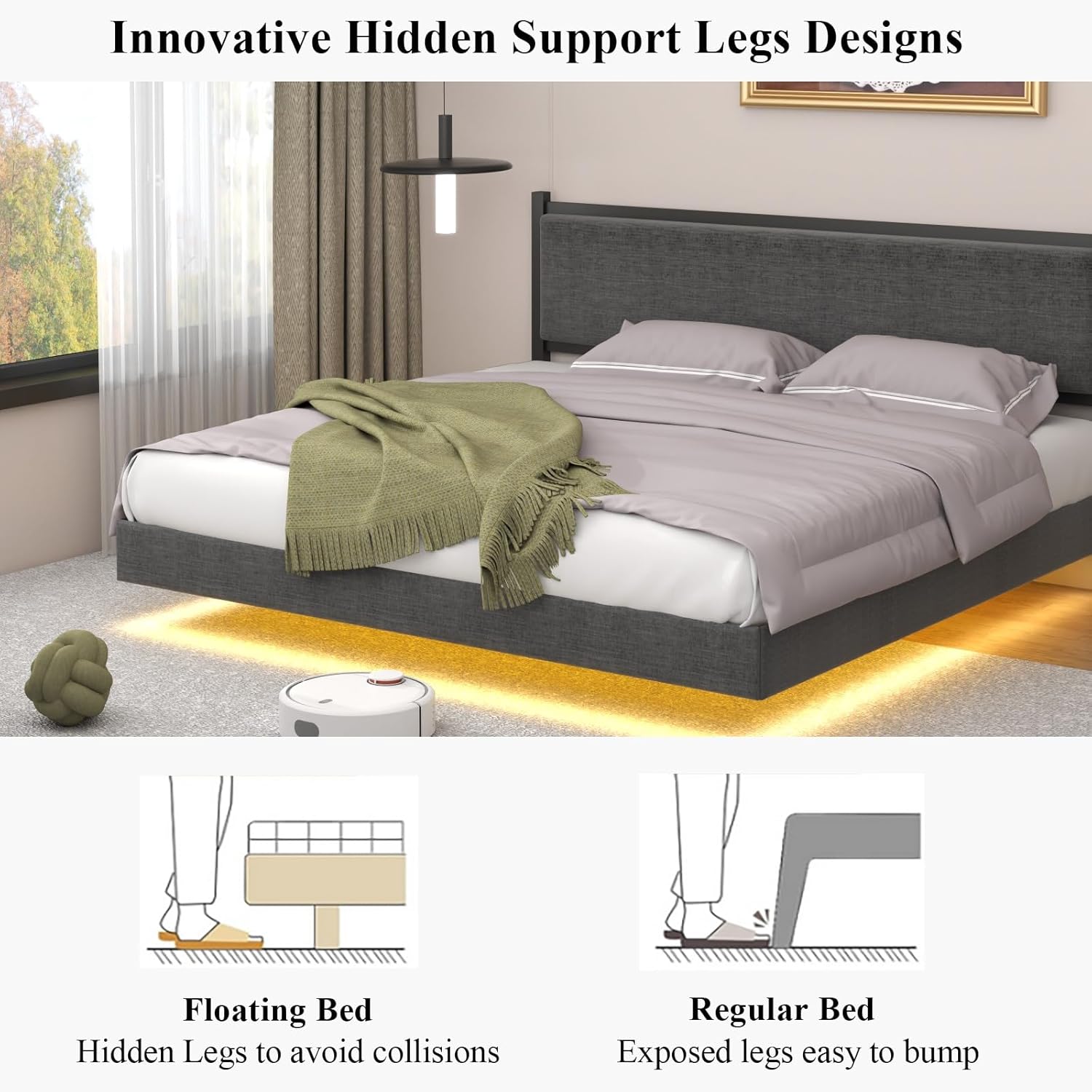 King Floating Bed Frame with LED Light, Modern Upholstered Platform Bed Frame with Double Beams, No Box Spring Needed, Innovative Stable Structure, Easy Assemble (Grey, King (U.S. Standard))