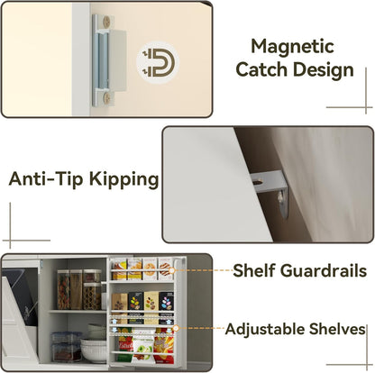 Kitchen Pantry Cabinet with Trash Can Storage, White Kitchen Hutch with Power Outlet & LED Light, Tall Bar Cabinet with Drawers & Wine Rack & Microwave Stand, Modern Pantries for Home (White)