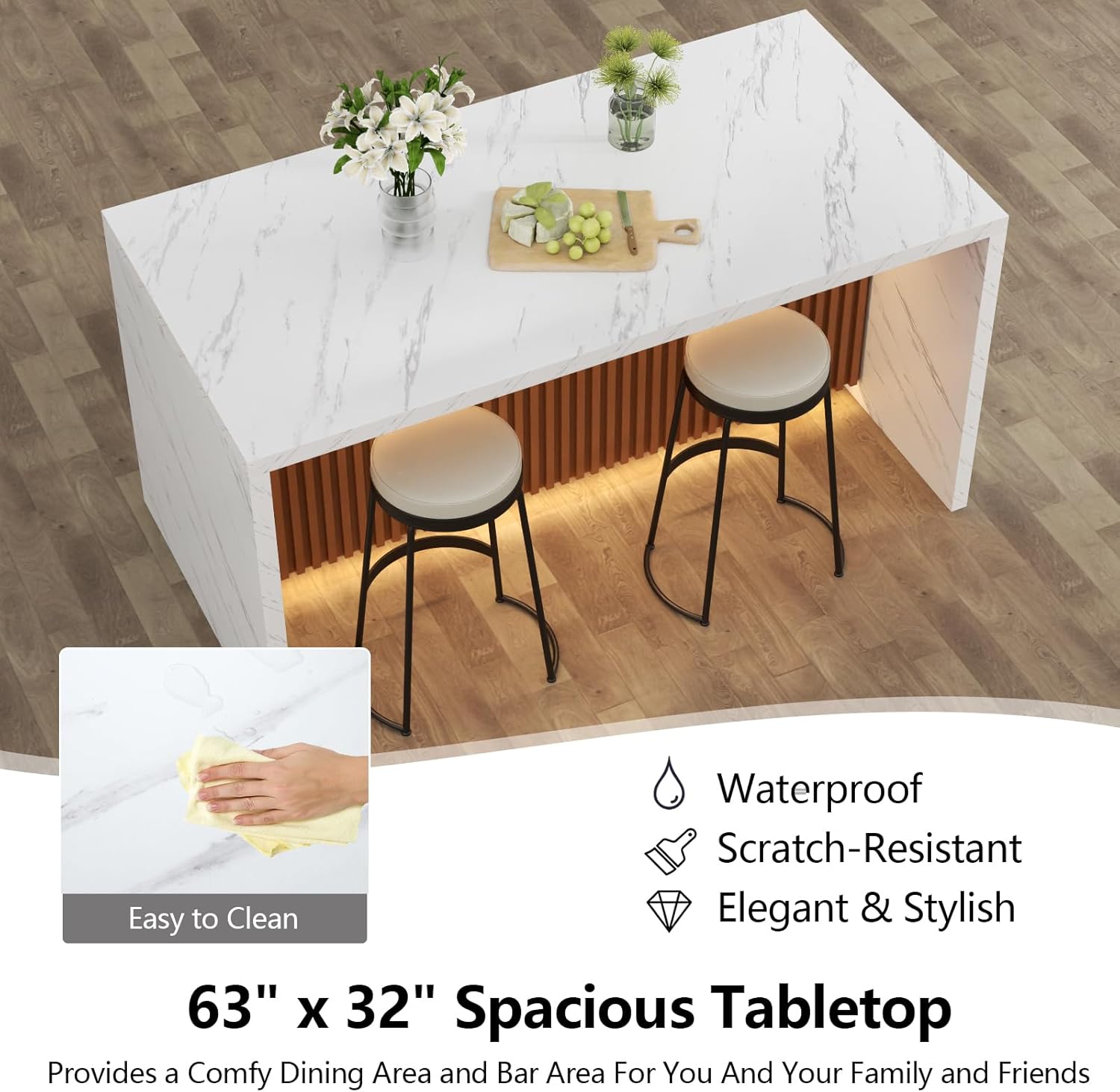 63" Large Imitation Marble Dining Table for 4-6 People(Patent Pending), Island Table with LED Lights, Mordern Marble Stripes Kitchen Dining Table with Grille design for Dining Room,Living Room,White