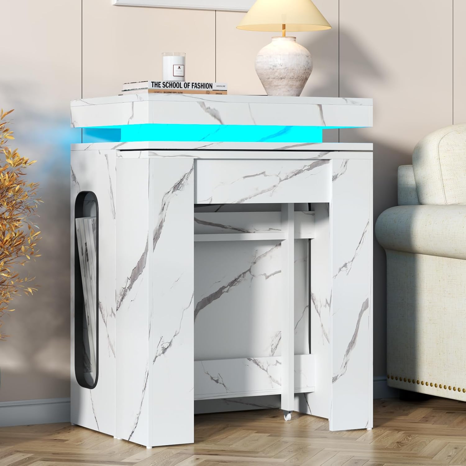 Extendable Dining Table with Charging Station & LED Lights, 19.7" to 98.4" White Faux Marble Dining Table, Rectangle Console Table for 2-8, Modern Space Saving Kitchen Island Table (No Chairs)