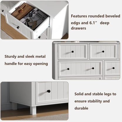 White Dresser for Bedroom, Farmhouse 7 Drawers Dresser with Deep Drawers, Wood Dressers Chest of Drawers with Metal Handles, Wide Modern Dressers Large TV Stand for Living Room, Closet, Hallway