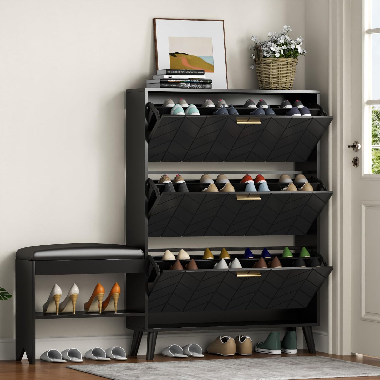 Shoe Storage Cabinet with 3 Flip Drawers, Shoe Cabinet with Bench & Open Shelf for Entryway, Freestanding Narrow Hidden Shoe Rack Organizer with Solid Wood Legs for Hallway (White)