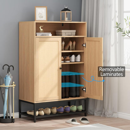 Natural Rattan Shoe Cabinet Entryway, 7-Tier Shoe Organizer with Doors, 46.54’’ Tall Shoe Rack Storage with Adjustable Shelves and Open Storage Space for Hallway, Closet (Natural)