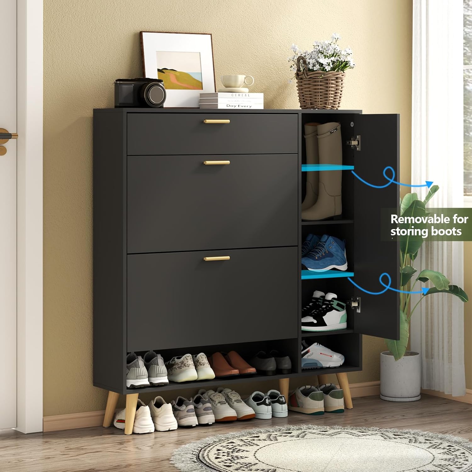 Shoe Storage Cabinets, 16 Pairs Free Standing Shoe Organizer with 2 Flip Drawers for Entryway, Narrow 3 Tier Entryway Hidden Shoe Rack with Doors (Upgraded Black)