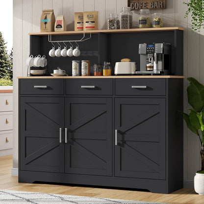 Buffet Cabinets with 3 Drawers, Farmhouse Sideboard Storage Cabinet with Goblet Holder, Large Coffee Bar with 3 Doors, Wood Buffet Table with Adjustable Shelf for Kitchen, Dining Room