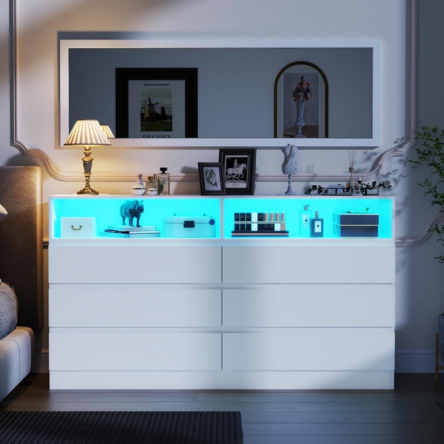 6 Drawer Dresser with Mirror for Bedroom, Accent Chests of Drawers with LED Light and Power Outlet, White 6 Dresser with Charging Station and 47"x15.7" Full Length Mirror (White)