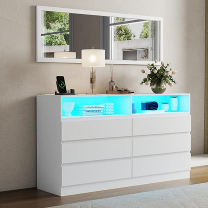 Dresser for Bedroom with Full Length Mirror 48"x16", White Storage Cabinet with Power Outlet, 6 Drawer Dresser with LED Light, Modern Dressers with Charging Station(White)