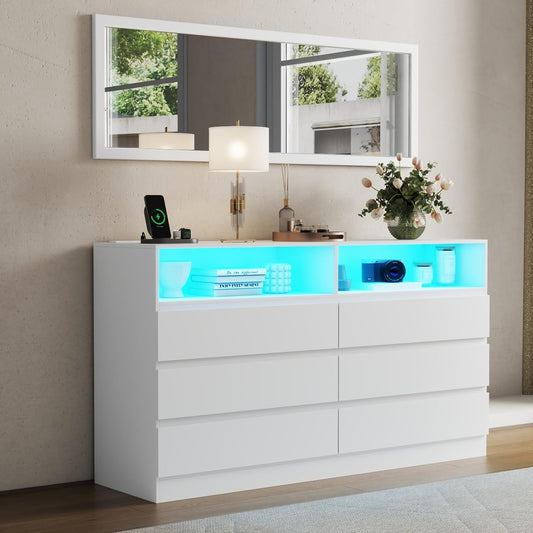 Dresser for Bedroom with Full Length Mirror 48"x16", White Storage Cabinet with Power Outlet, 6 Drawer Dresser with LED Light, Modern Dressers with Charging Station(White)