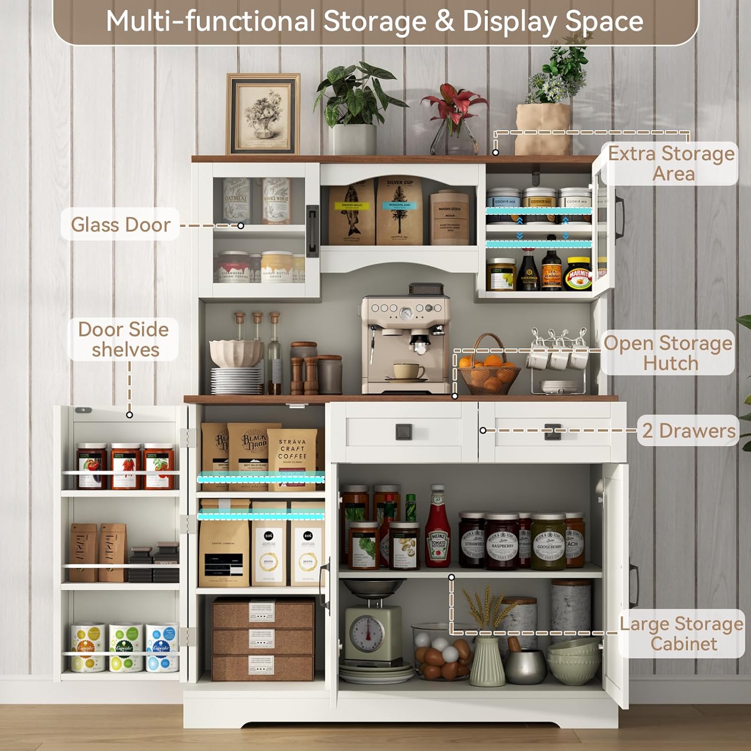 60" Tall Farmhouse Kitchen Pantry Storage Cabinet,Kitchen Hutch with Microwave Stand,Freestanding Buffet Pantry Cabinet with Glass Door and Adjustable Shelves for Dining Room (White)