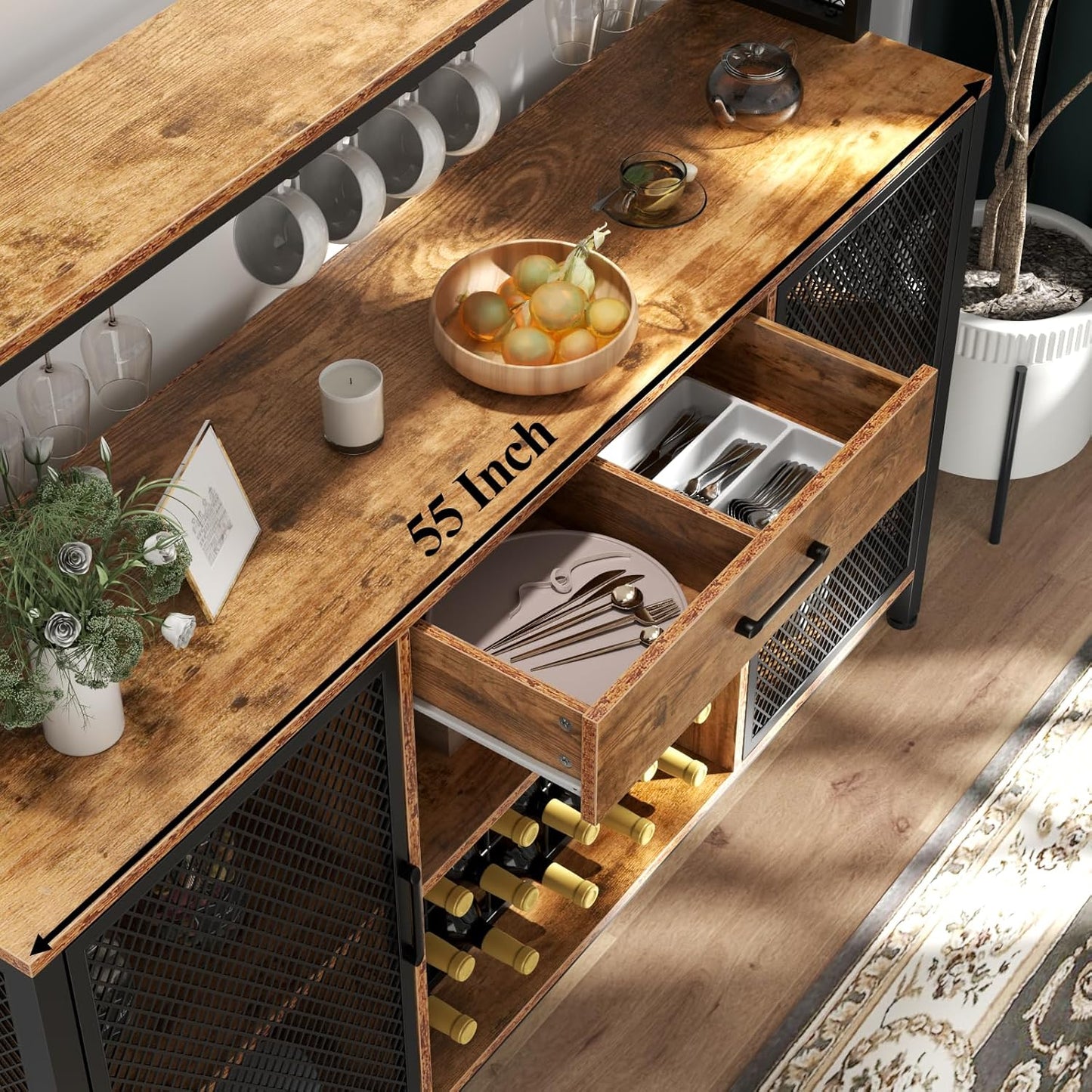 Wine Cabinet with Drawer, LED 55 Inches Industry Coffee Bar Cabinet with Wine Rack and Glass Goblet Holder, Kitchen Sideboard Buffet Cabinet for Liquor and Goblet (Rustic)