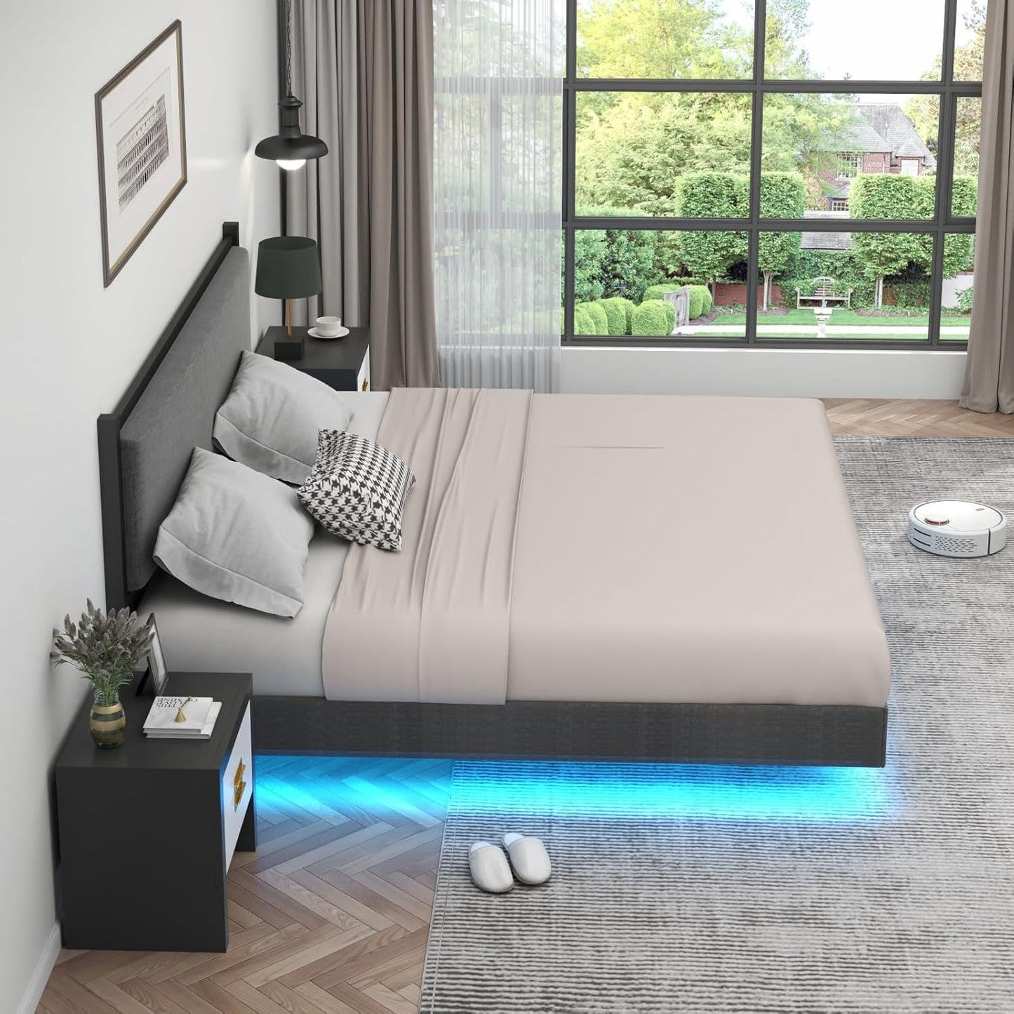 King Floating Bed Frame with LED Light, Modern Upholstered Platform Bed Frame with Double Beams, No Box Spring Needed, Innovative Stable Structure, Easy Assemble (Grey, King (U.S. Standard))