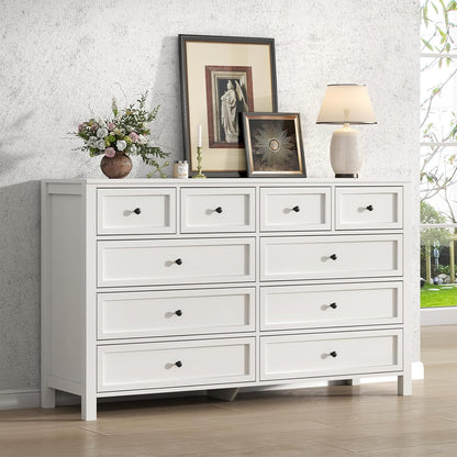 Farmhouse 10 Drawers Dresser for Bedroom, White Dresser Chest of Drawers, Wood Storage Dressers with Deep Drawers and Metal Handle, Wide Modern Dressers & TV Stand for Living Room, Closet, Hallway