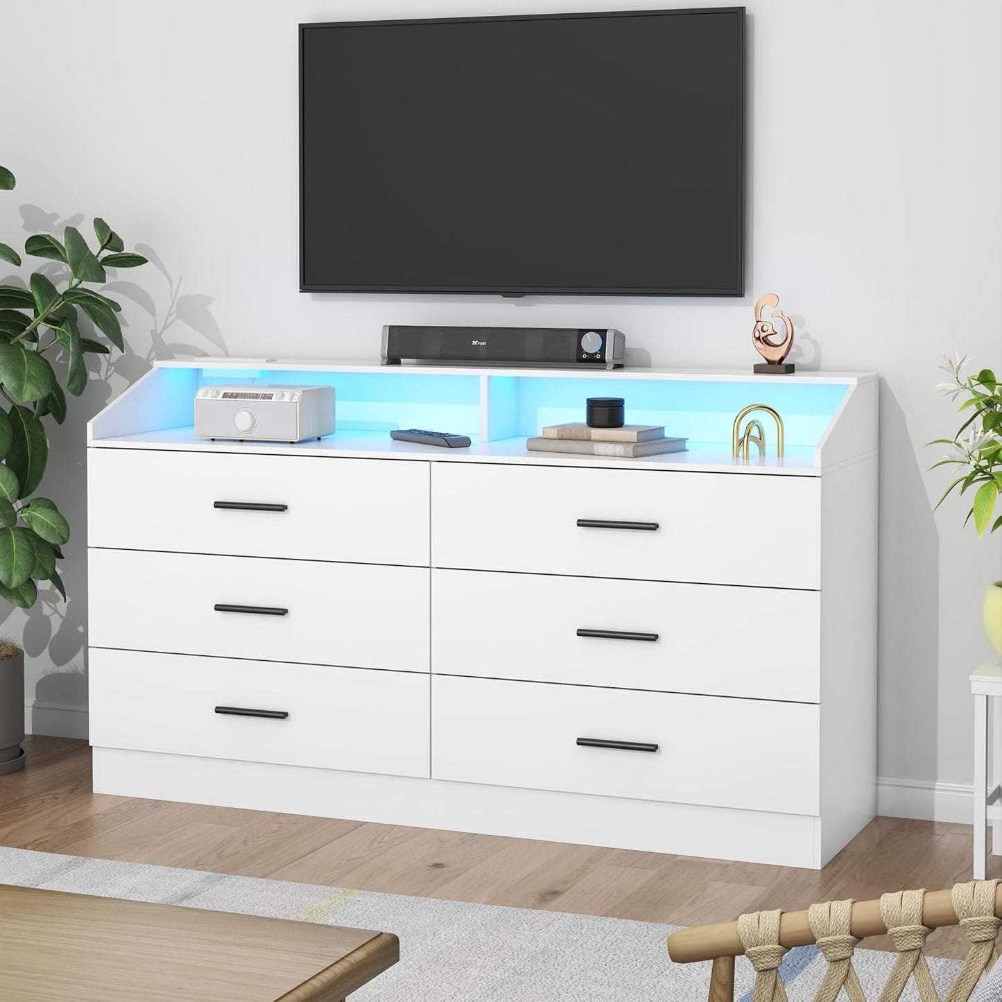 6 Drawer Dresser for Bedroom with Charging Station, Dresser with LED Light, Chest of Drawers for Closet, Modern Dressers with Open Storage Cubby, Double Wide Dressers (White, 6 Drawers)