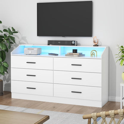 6 Drawer Dresser for Bedroom with Charging Station, Dresser with LED Light, Chest of Drawers for Closet, Modern Dressers with Open Storage Cubby, Double Wide Dressers (White, 6 Drawers)