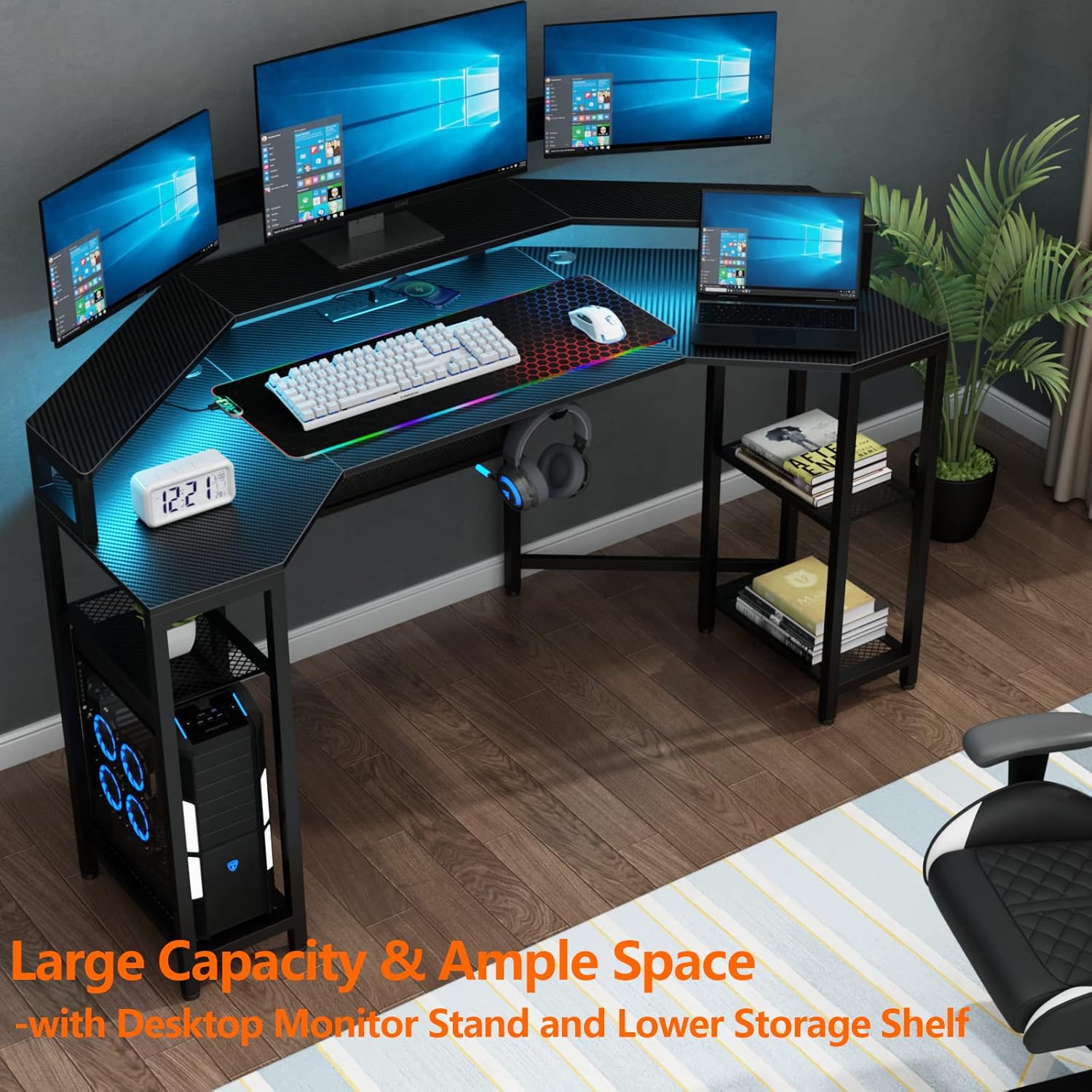 63" Computer Desk with Power Outlet & LED Light, Wing-Shaped Gaming Desk with Shelves, Full Monitor Stand,Wireless Charging,RGB Mouse Pad,Headphone Hook, Home Office Desk (Black)