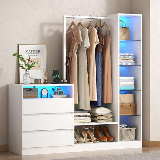 Armoire Wardrobe Closet with Hanging Rod & 3 Drawers, Large Clothing Storage Cabinet with Charging Station & Led Lights, Closet Organizers and Storage with Adjustable Shelf, White Dresser for Bedroom