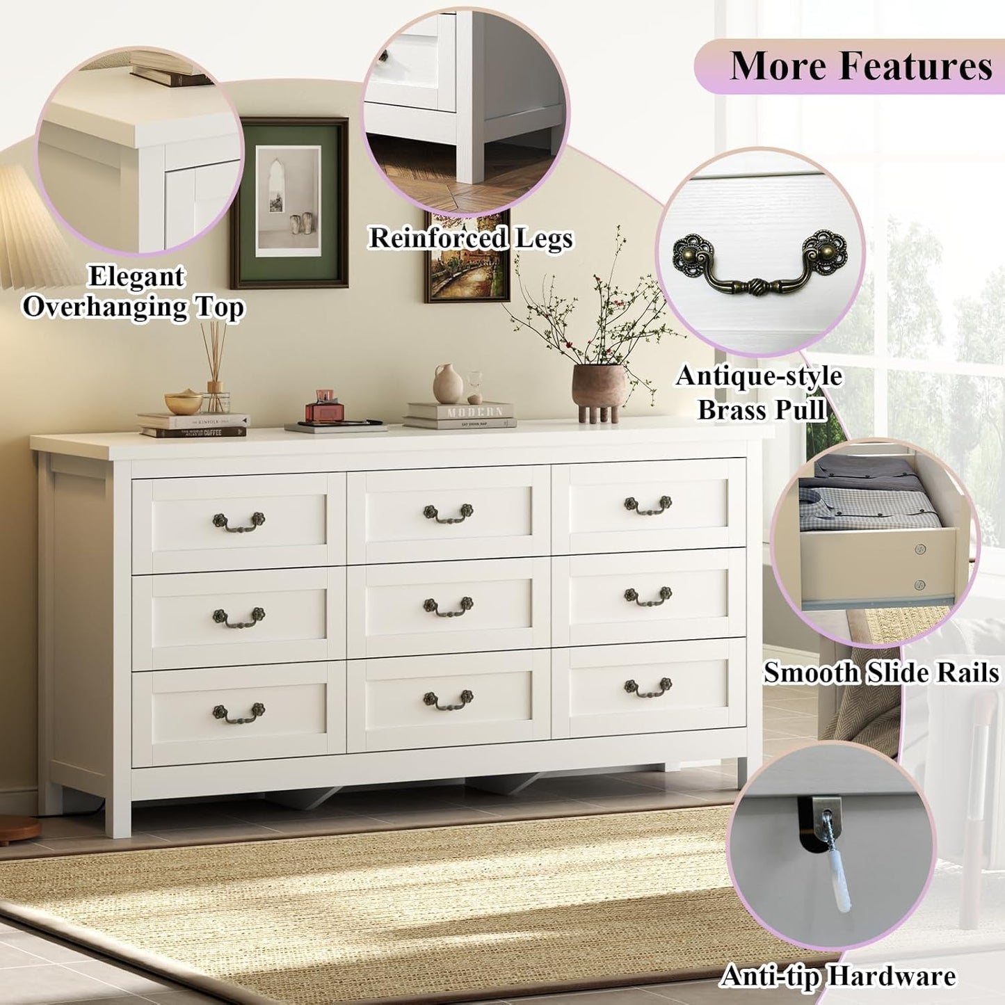 Farmhouse 9 Drawer Dresser for Bedroom, 63" Wide Long Chest of Drawers with Deep Drawers & Vintage Handle, Storage Dresser Organizer, TV Stand for Bedroom, Living Room (White)