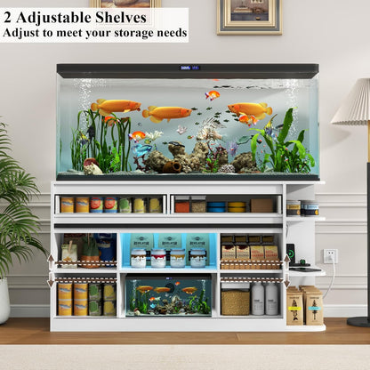 Fish Tank Stand with Power Outlets, Heavy Duty Aquarium Stand with LED Lights and Sliding Fluted Doors, White Storage Cabinet with 2 Large Drawers for Fish Tank, 1000 LBS Capacity