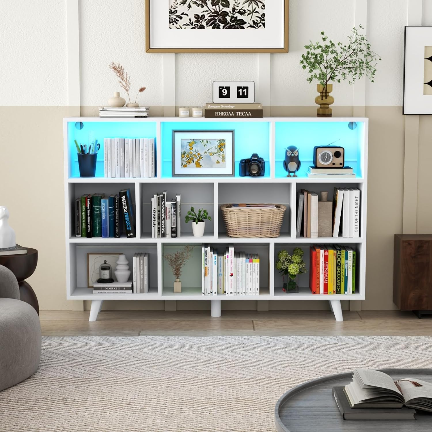 10 Cube Book Shelf with LED Lights, 3-Tier White Bookcase with Solid Wood Legs Modern Open Storage Organizer Kids Bookshelf Display Shelf for Living Room, Home Office (White, 10 Cube)