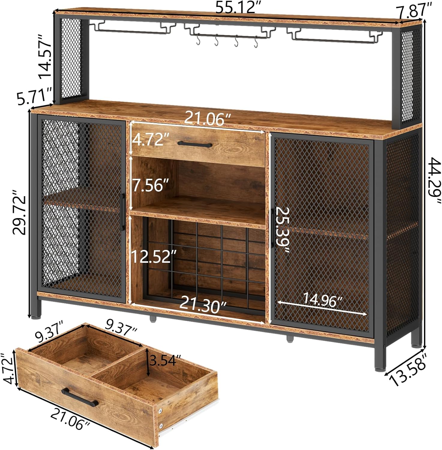 Wine Cabinet with Drawer, LED 55 Inches Industry Coffee Bar Cabinet with Wine Rack and Glass Goblet Holder, Kitchen Sideboard Buffet Cabinet for Liquor and Goblet (Rustic)