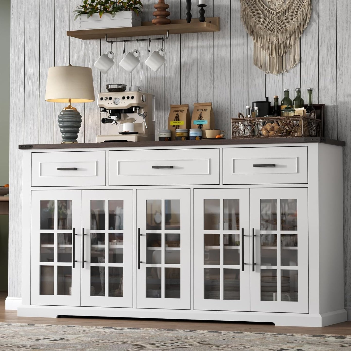 63" Large Buffet Sideboard Cabinet with Storage, Farmhouse Buffet Table with 3 Drawers & 5 Glass Doors, Modern Coffee Bar Wine Bar Cabinet with Adjustable Shelves for Kitchen, Dining Room, White