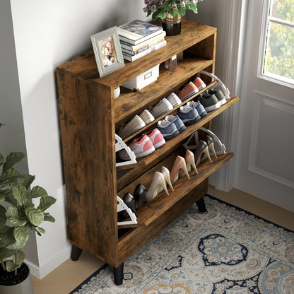 Entryway Shoe Storage Cabinet with 2 Flip Drawers, FreestandingShoe Organizer with Open Storage Space for Entryway, Narrow Shoe Rack Cabinet wih Rustic Brown Finsh (Rustic)