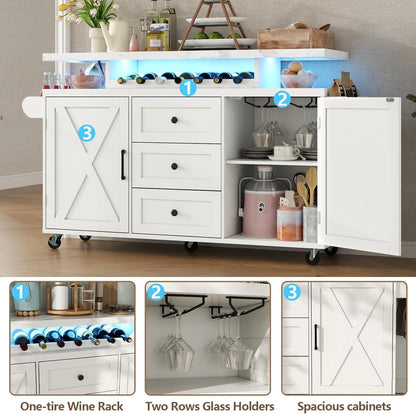 Rolling Kitchen Island Cart with Storage, Kitchen Island on Wheels with LED Lights & 3 Drawers, Side Table with Spice Rack & Towel Rack, Large Mobile Islands Table for Dining Room, White