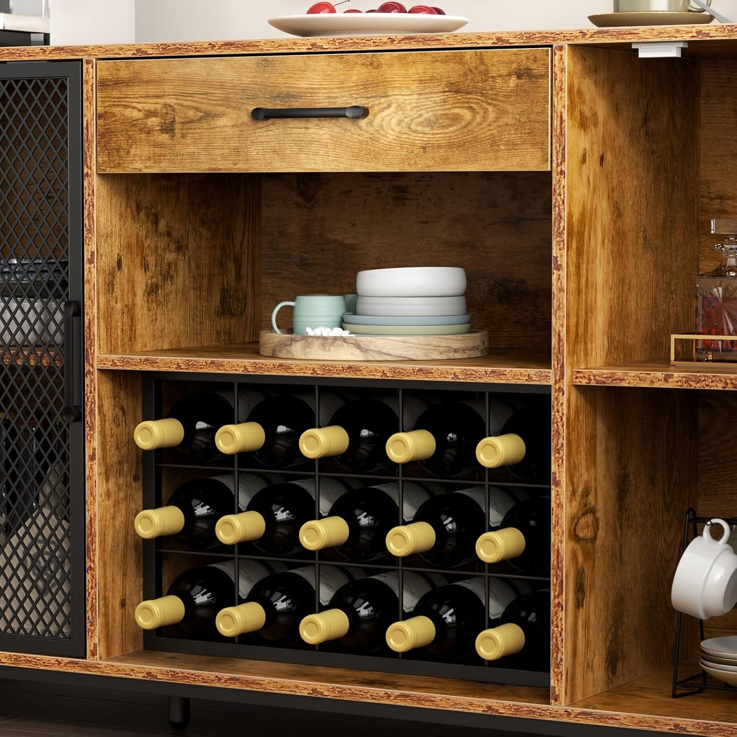 Wine Cabinet with Drawer, LED 55 Inches Industry Coffee Bar Cabinet with Wine Rack and Glass Goblet Holder, Kitchen Sideboard Buffet Cabinet for Liquor and Goblet (Rustic)