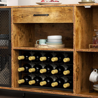Wine Cabinet with Drawer, LED 55 Inches Industry Coffee Bar Cabinet with Wine Rack and Glass Goblet Holder, Kitchen Sideboard Buffet Cabinet for Liquor and Goblet (Rustic)