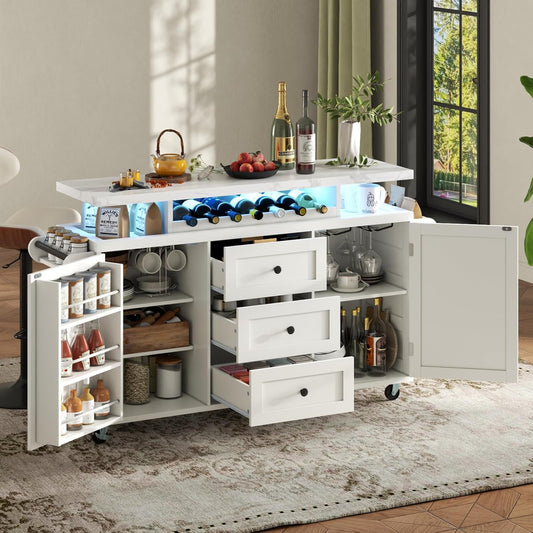 Kitchen Island with Storage, 55" Kitchen Island on Wheels with LED Lights & 3 Drawers,Rolling Kitchen Cart with Spice Rack & Towel Rack, Large Mobile Islands Table for Kitchen, White