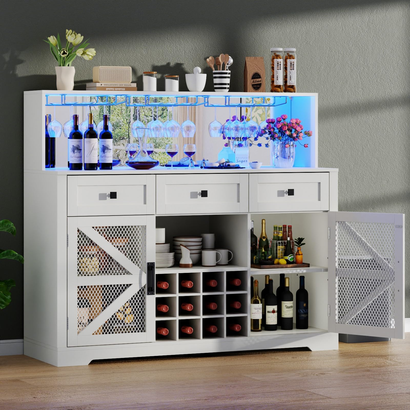 Farmhouse Bar Cabinet with Hutch, Kitchen Buffet Cabinet with Storage Cabinet & 3 Sliding Drawers, Adjustable Shelf, Goblet Holder, Cup Hooks for Living Room, Dining Room Use (Grey)