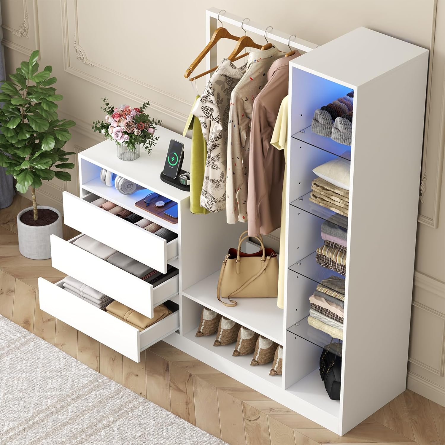 Dresser with Hanging Rack, 3 Drawers Dresser with Charging Station & LED Lights, 55" Chest of Drawers with Open Storage & Adjustable Shelves for Clothes, White Modern Dresser for Bedroom, Closet
